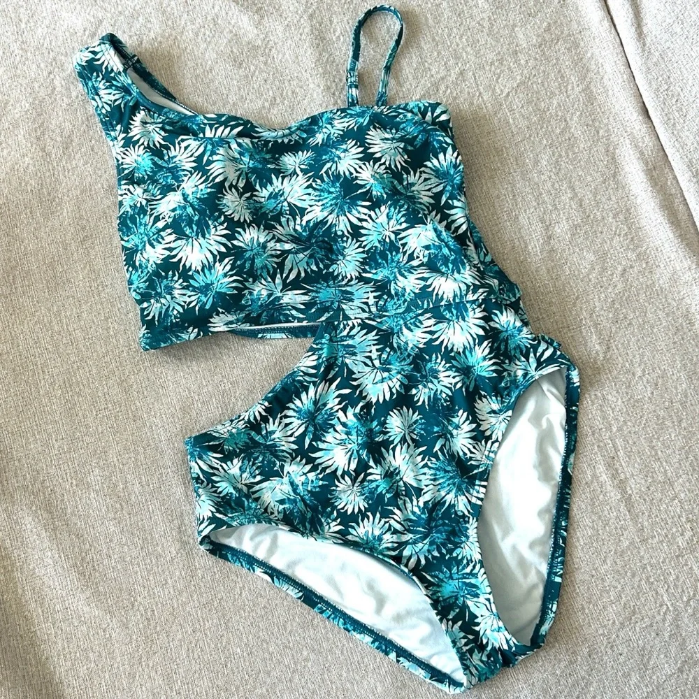 Michael Kors Swimsuit One Piece Cut Out Side One Shoulder Adjustable Teal Palms
